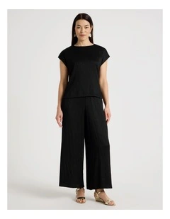 Elastic Waist Full Length Plisse Pant in Black