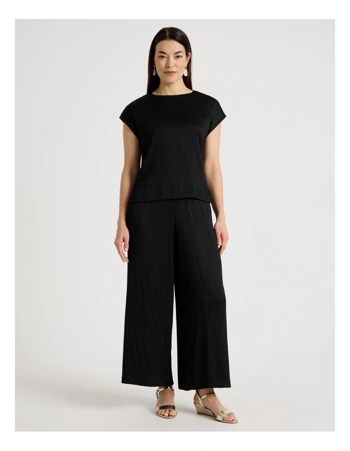 Elastic Waist Full Length Plisse Pant in Black image 1