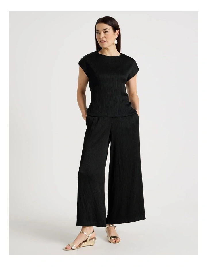 Elastic Waist Full Length Plisse Pant in Black image 3