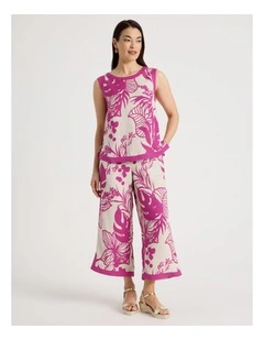 Wide Leg Crop Linen Blend Pant With Solid Contrasts In Neutral/Hot Pink Print