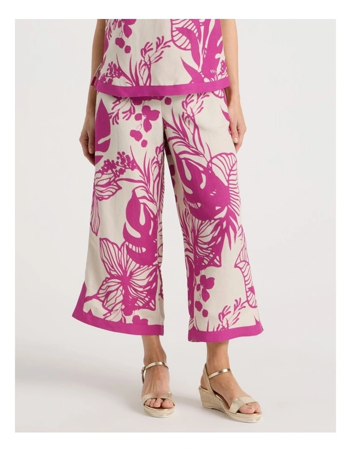Wide Leg Crop Linen Blend Pant With Solid Contrasts In Neutral/Hot Pink Print image 2