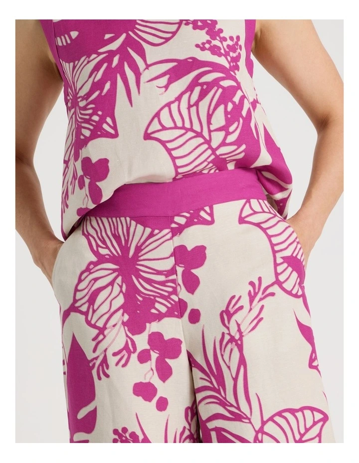 Wide Leg Crop Linen Blend Pant With Solid Contrasts In Neutral/Hot Pink Print image 3