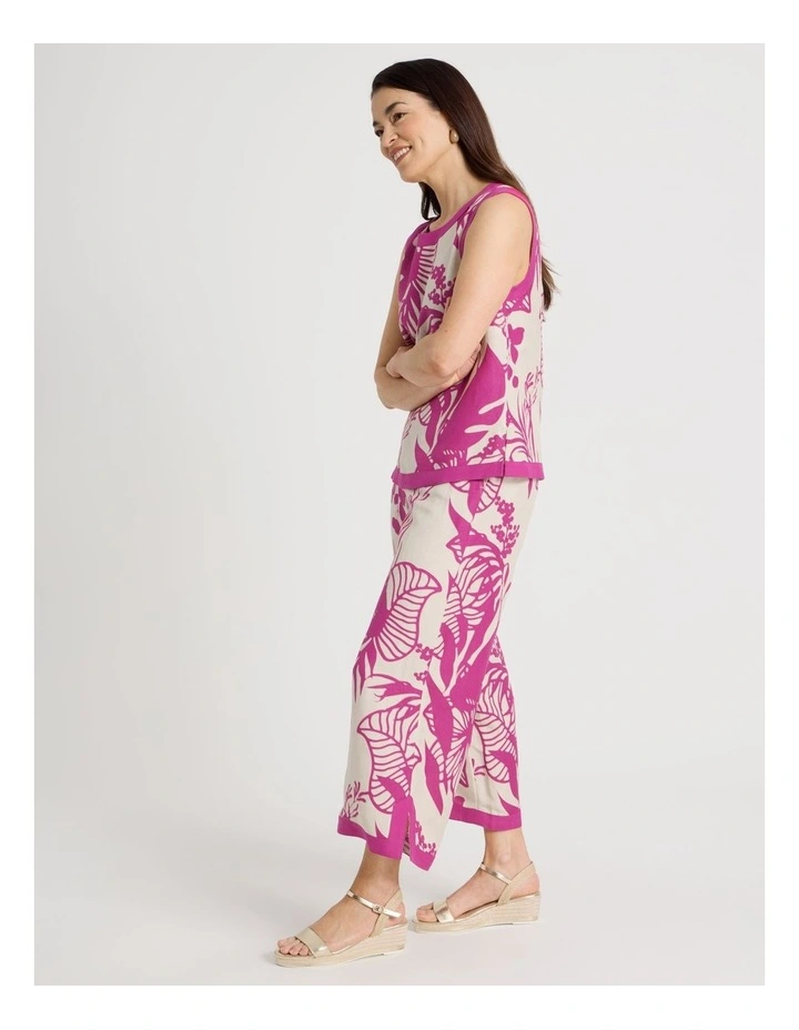 Wide Leg Crop Linen Blend Pant With Solid Contrasts In Neutral/Hot Pink Print image 4