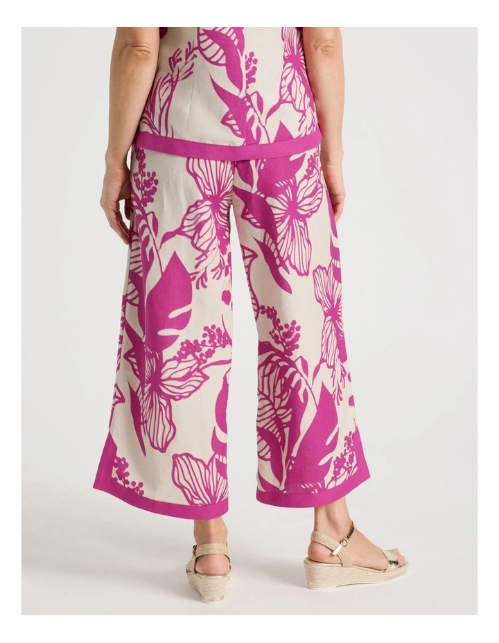 Wide Leg Crop Linen Blend Pant With Solid Contrasts In Neutral/Hot Pink Print image 5