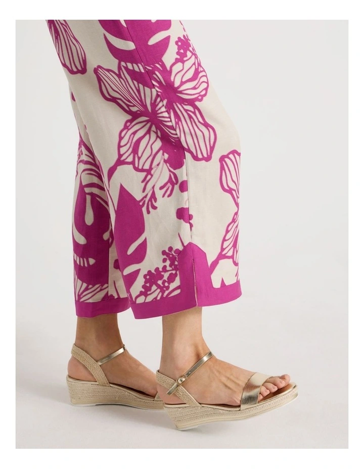 Wide Leg Crop Linen Blend Pant With Solid Contrasts In Neutral/Hot Pink Print image 6