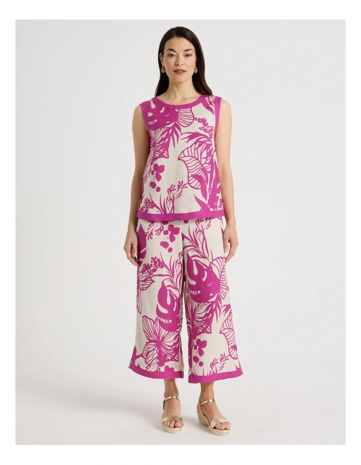 Wide Leg Crop Linen Blend Pant With Solid Contrasts In Neutral/Hot Pink Print image 7
