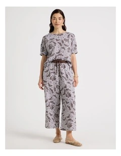 Elastic Waist Wide Leg Pant With Solid Waistband in Chocolate/White Floral