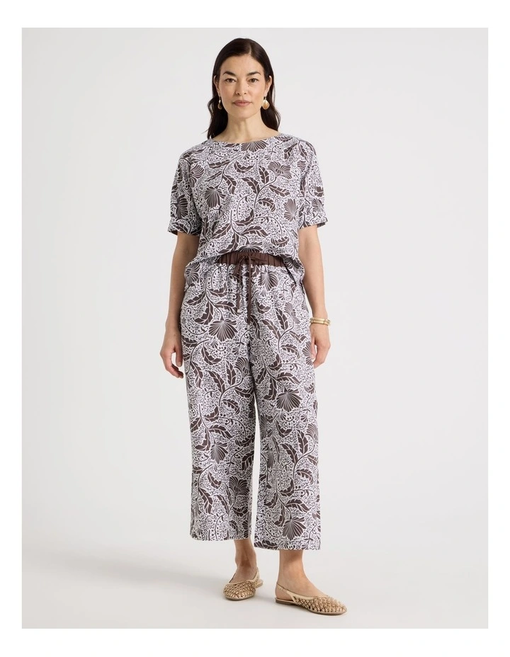 Elastic Waist Wide Leg Pant With Solid Waistband in Chocolate/White Floral image 1