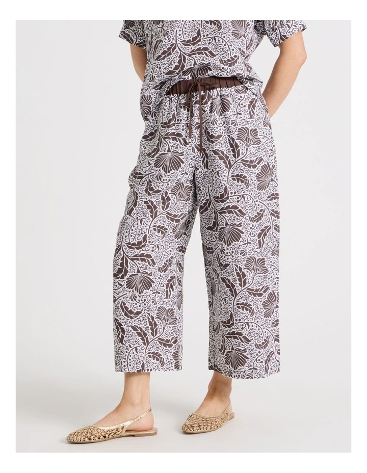 Elastic Waist Wide Leg Pant With Solid Waistband in Chocolate/White Floral image 5
