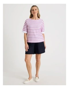 Elastic Waist Linen Blend Short with Patch Pockets in Navy