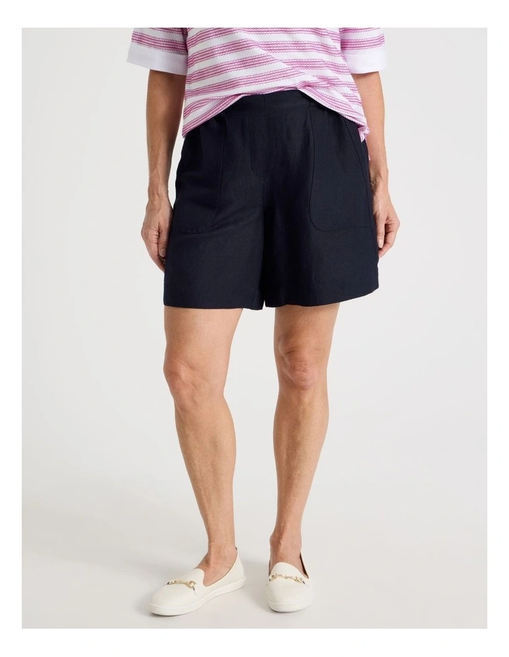 Elastic Waist Linen Blend Short with Patch Pockets in Navy image 2
