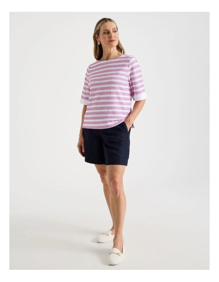 Elastic Waist Linen Blend Short with Patch Pockets in Navy image 3