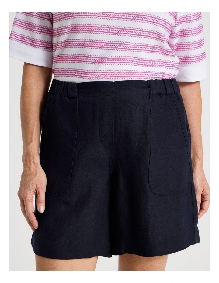 Elastic Waist Linen Blend Short with Patch Pockets in Navy image 4