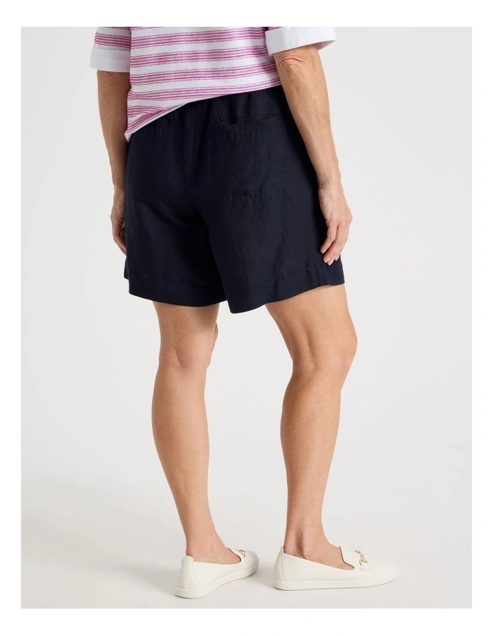 Elastic Waist Linen Blend Short with Patch Pockets in Navy image 5