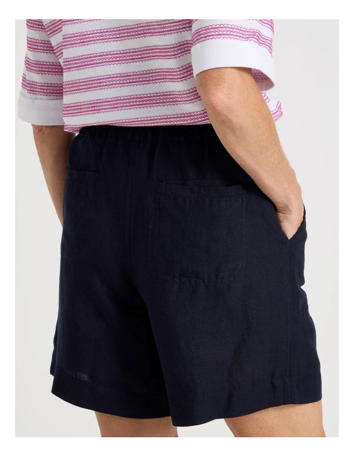 Elastic Waist Linen Blend Short with Patch Pockets in Navy image 6