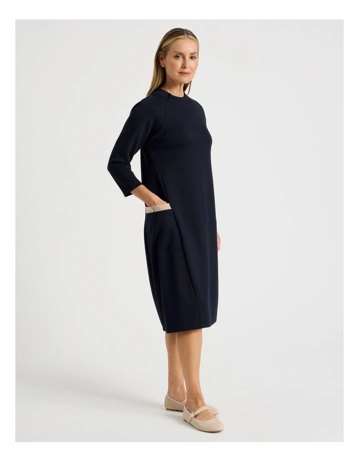 Long Sleeve Knit Dress With Contrast Pocket Tabs in Navy image 1