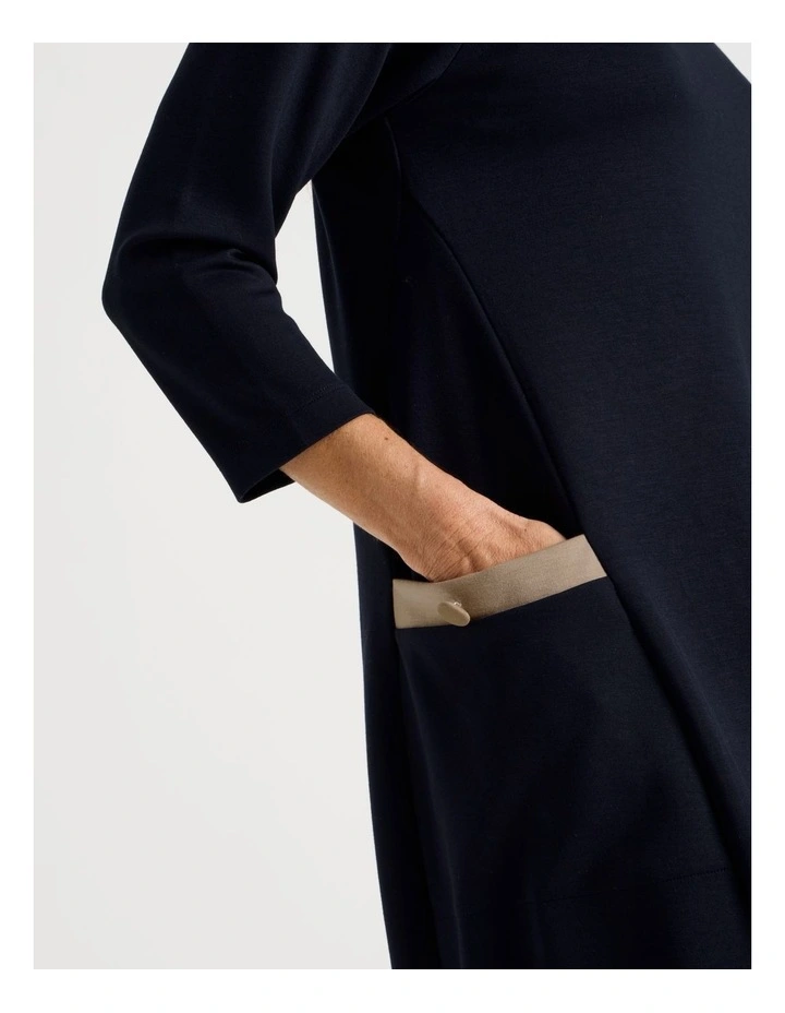 Long Sleeve Knit Dress With Contrast Pocket Tabs in Navy image 3