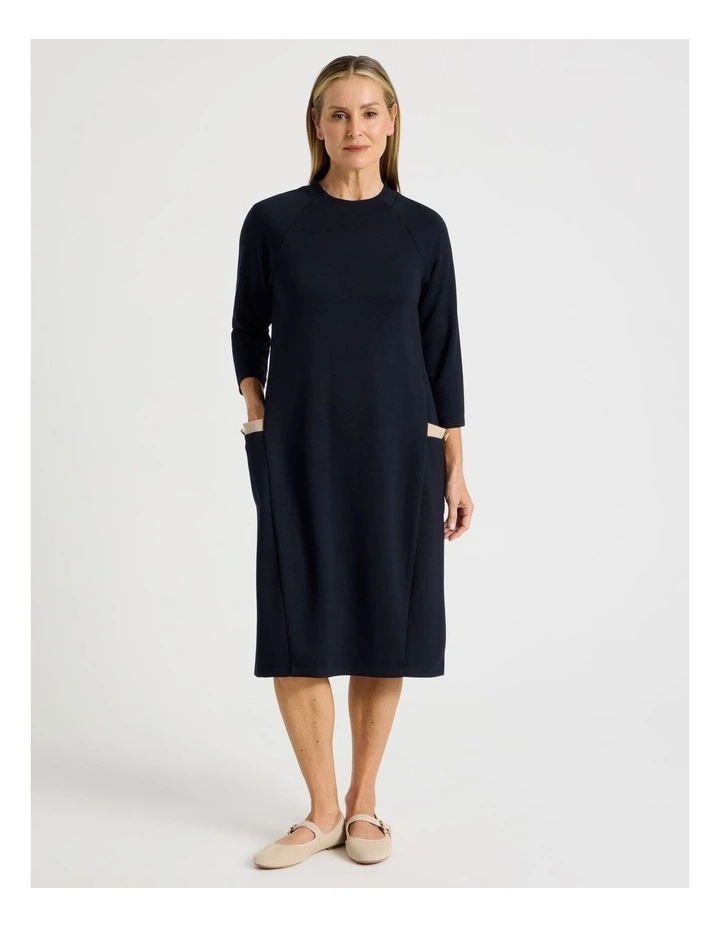 Long Sleeve Knit Dress With Contrast Pocket Tabs in Navy image 4