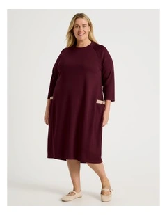 Long Sleeve Knit Dress With Contrast Pocket Tabs in Burgundy