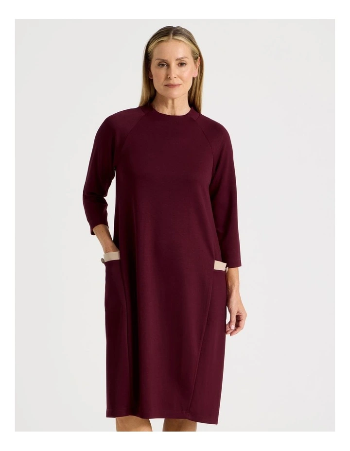 Long Sleeve Knit Dress With Contrast Pocket Tabs in Burgundy image 1