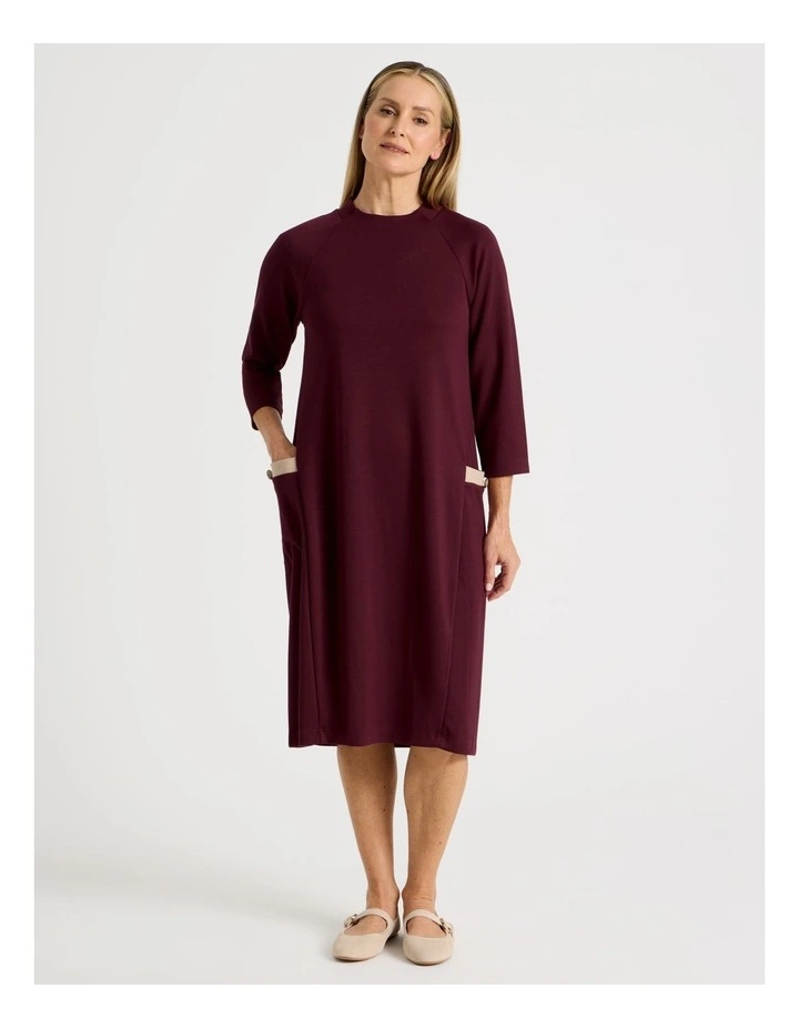 Long Sleeve Knit Dress With Contrast Pocket Tabs in Burgundy image 3