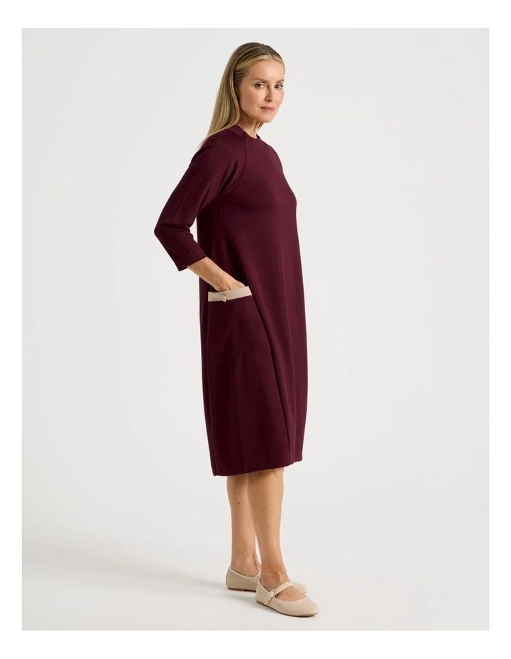 Long Sleeve Knit Dress With Contrast Pocket Tabs in Burgundy image 3