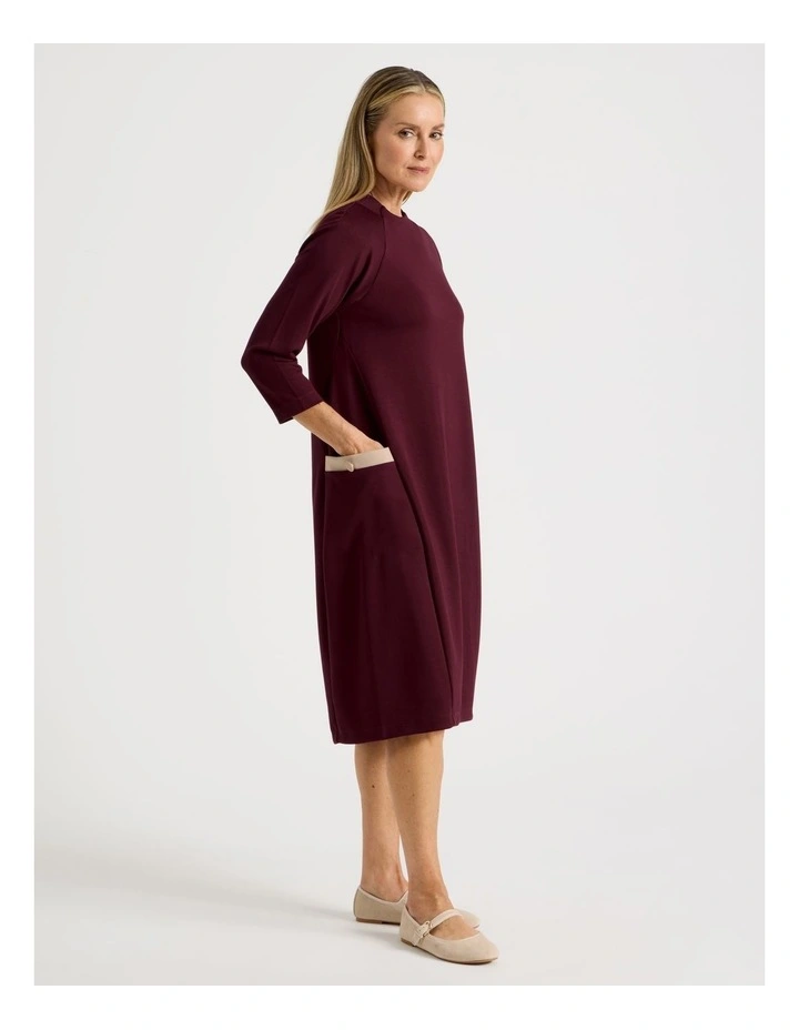 Long Sleeve Knit Dress With Contrast Pocket Tabs in Burgundy image 4