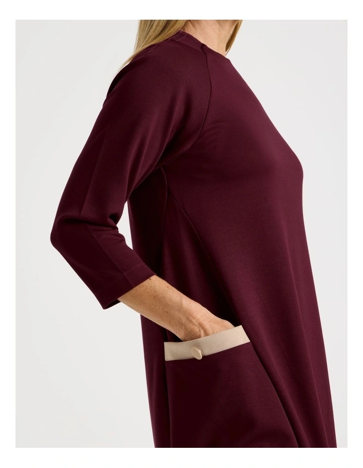 Long Sleeve Knit Dress With Contrast Pocket Tabs in Burgundy image 5