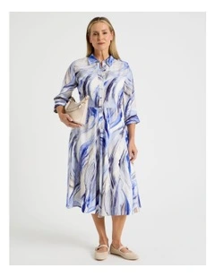 Long Sleeve Shirt Dress With Flared Skirt in Blue Ocean Print