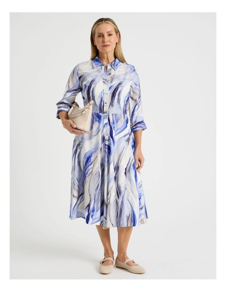 Long Sleeve Shirt Dress With Flared Skirt in Blue Ocean Print image 1