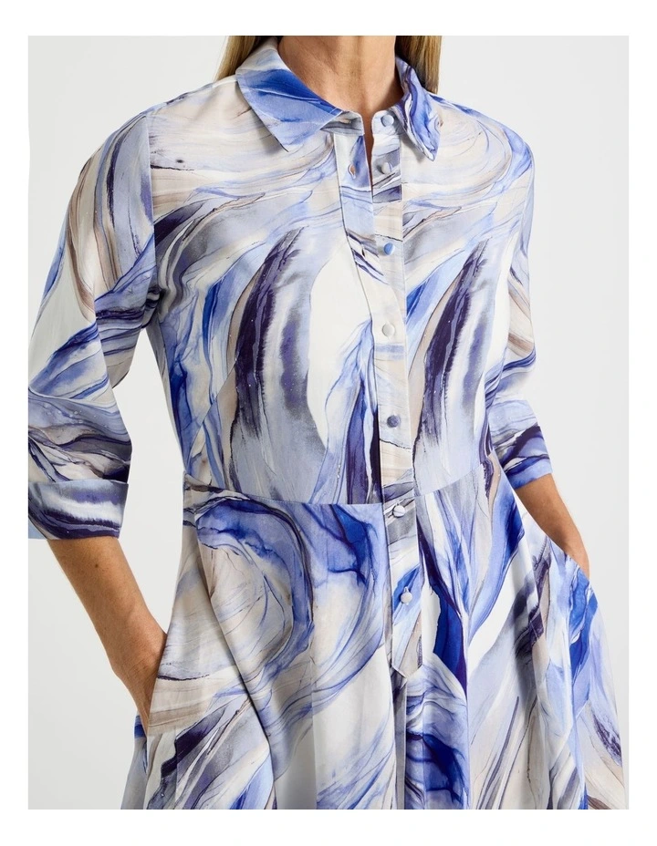 Long Sleeve Shirt Dress With Flared Skirt in Blue Ocean Print image 2
