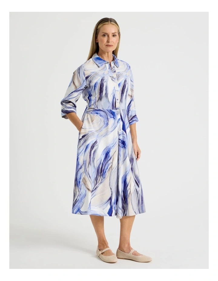 Long Sleeve Shirt Dress With Flared Skirt in Blue Ocean Print image 3