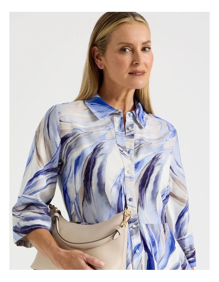 Long Sleeve Shirt Dress With Flared Skirt in Blue Ocean Print image 4