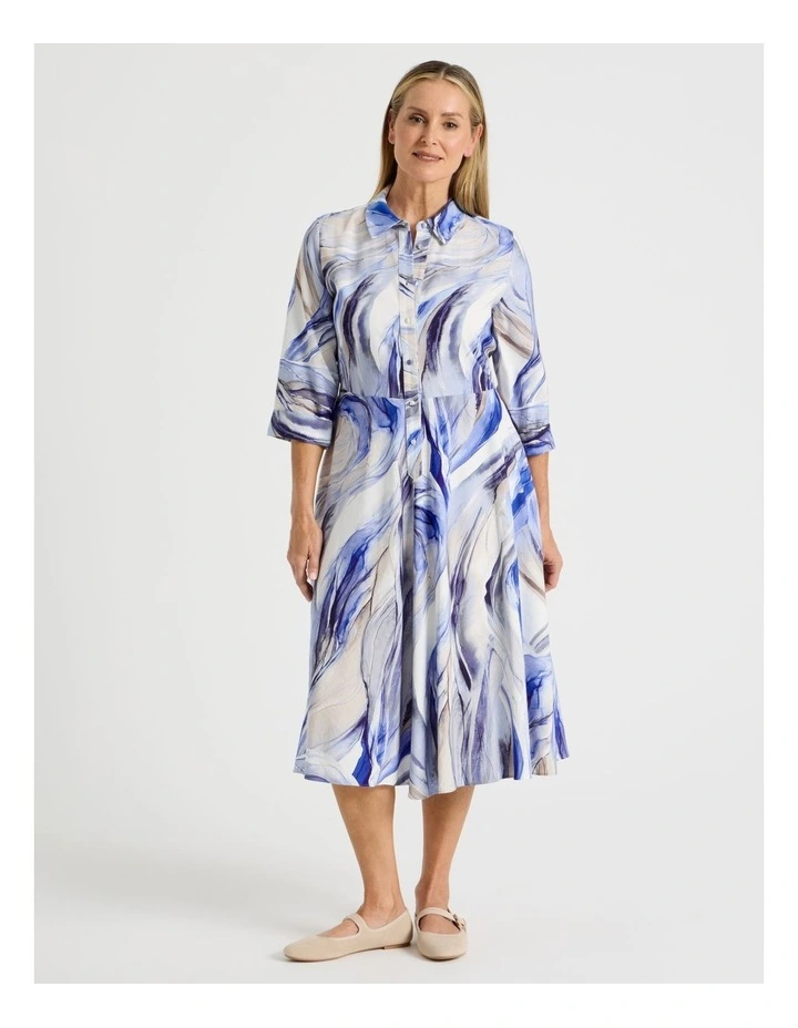 Long Sleeve Shirt Dress With Flared Skirt in Blue Ocean Print image 5