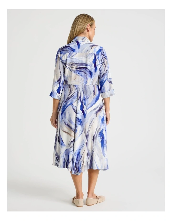Long Sleeve Shirt Dress With Flared Skirt in Blue Ocean Print image 6