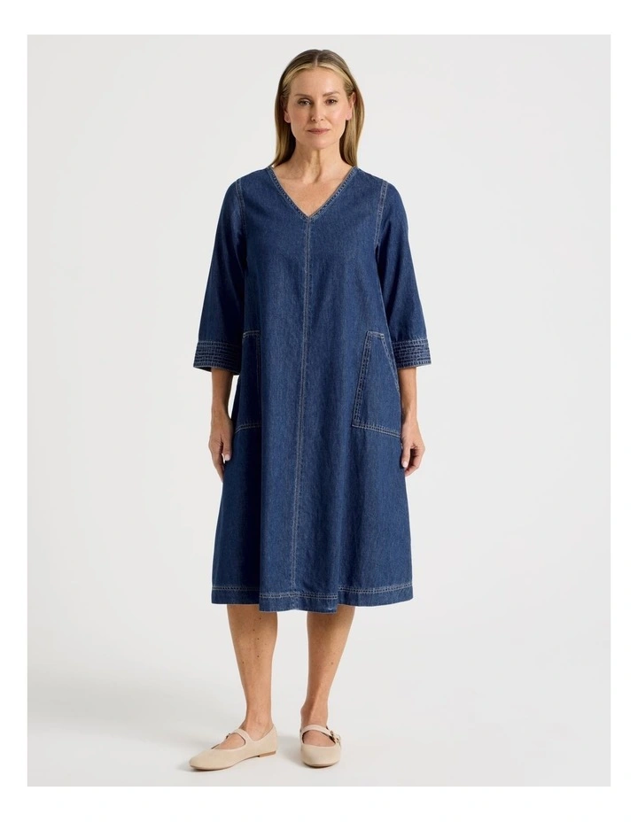 V Neck Denim Dress With 3/4 Sleeves in Denim image 2