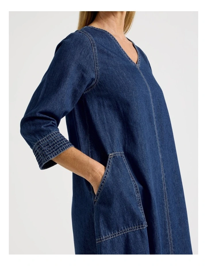 V Neck Denim Dress With 3/4 Sleeves in Denim image 2