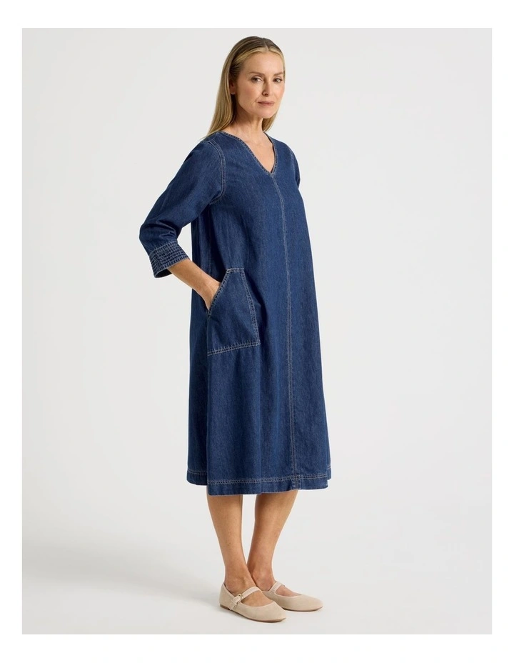 V Neck Denim Dress With 3/4 Sleeves in Denim image 4