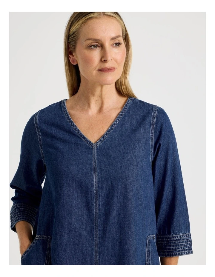V Neck Denim Dress With 3/4 Sleeves in Denim image 4