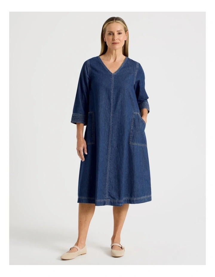 V Neck Denim Dress With 3/4 Sleeves in Denim image 6