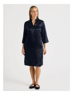 3/4 Sleeve Dress With Stand Collar And Notch Neck in Navy