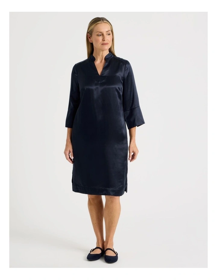 3/4 Sleeve Dress With Stand Collar And Notch Neck in Navy image 1