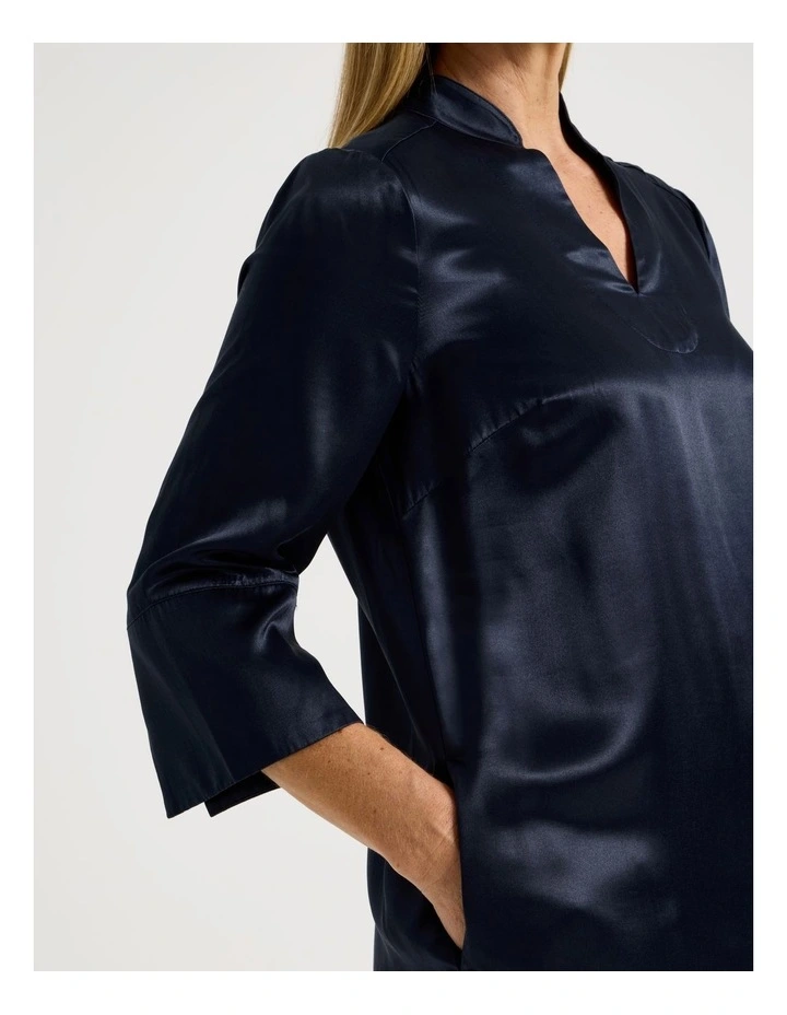 3/4 Sleeve Dress With Stand Collar And Notch Neck in Navy image 2