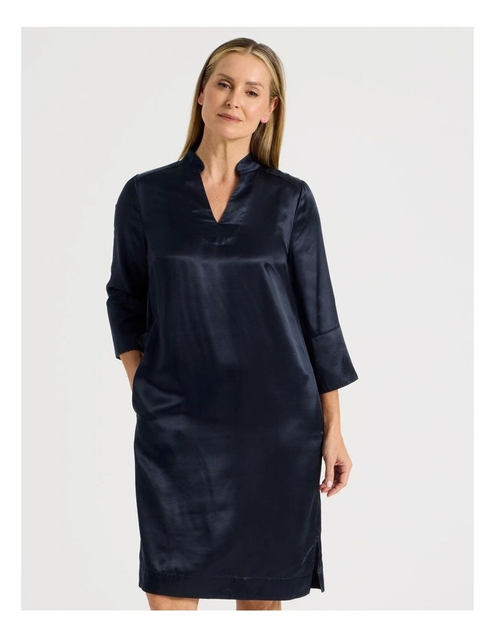 3/4 Sleeve Dress With Stand Collar And Notch Neck in Navy image 3