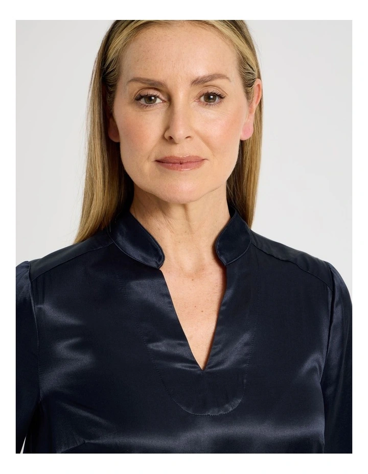 3/4 Sleeve Dress With Stand Collar And Notch Neck in Navy image 4