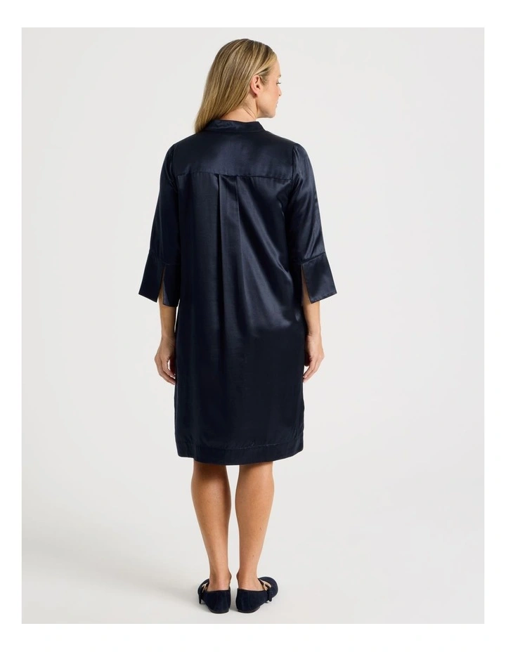 3/4 Sleeve Dress With Stand Collar And Notch Neck in Navy image 5