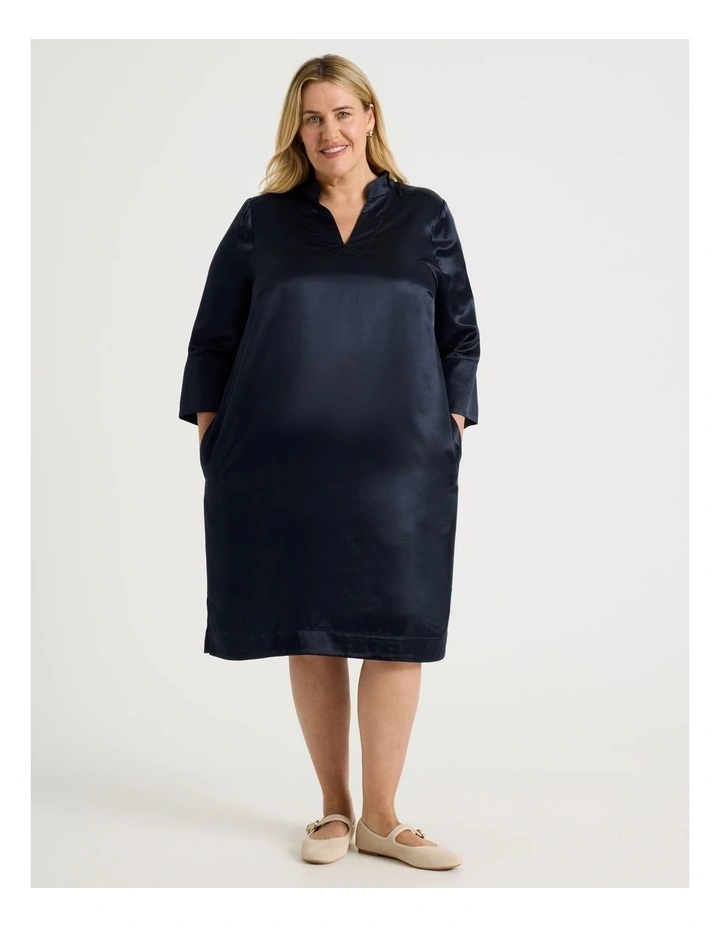 3/4 Sleeve Dress With Stand Collar And Notch Neck in Navy image 7