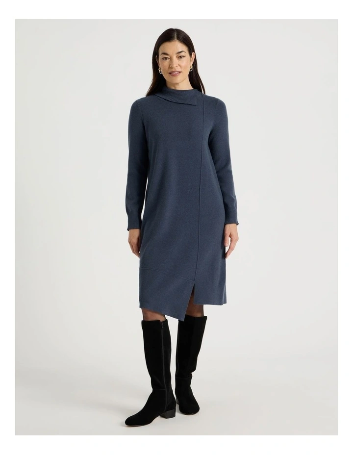 Knitted Asymmetrical Dress in Dusty Navy image 1