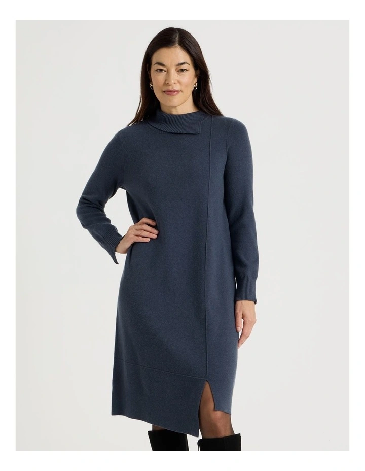 Knitted Asymmetrical Dress in Dusty Navy image 3
