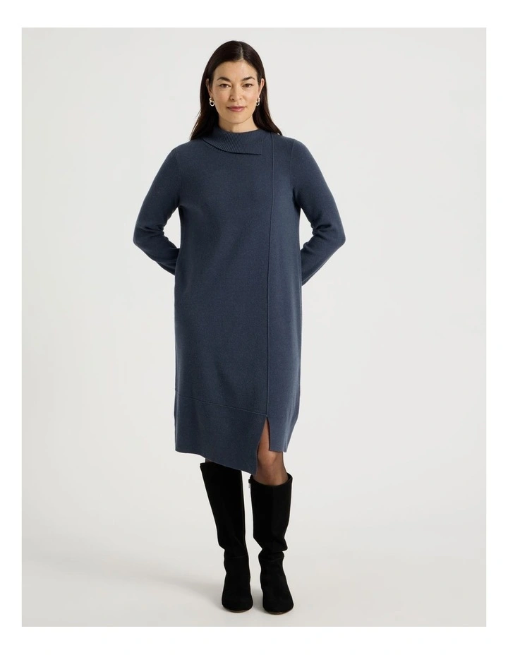 Knitted Asymmetrical Dress in Dusty Navy image 5